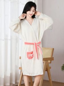 Long Sleeve Pure Cotton Bath Robe Home Leisure Sleepwear Womens Student Bath Towel Soft Absorbent Home Use Kimono Style