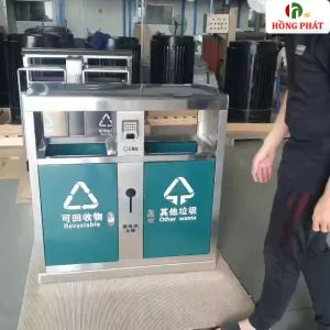 Thùng rác inox 2 ngăn có khay gạt tàn Thùng rác công cộng khuôn viên ngoài trời gia đình dung tích lớn 86L - VHP-YS-HPC-74