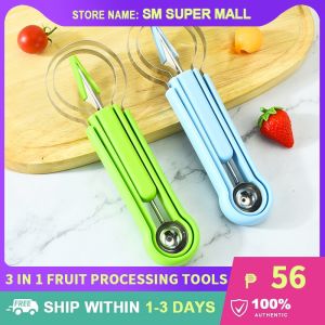 【Creative】Professional 3 In 1 Fruit Processing Tool Set Peeling Carving Knife Digging Seeds Tools Kit Watermelon Pineapple Cantaloupe Ice Cream Baller Scoop Slicer Fruit Platter Vegetables Peeler Kitchen Tool