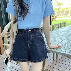 Summer New Retro Blue Wash High Waist Wide Leg Denim Shorts Womens A-Line Loose Casual Hot Pants Deep Color Jeans Fabric
