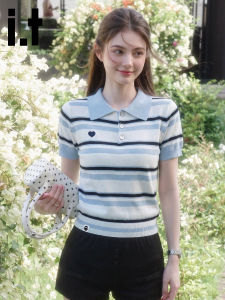 FINGERCROXX | Blue Stripe Icy Knit Short Sleeve Polo Shirt