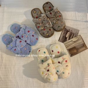 Bows Polka Dot Cotton Slippers Heattech Plaid Cute Simple Home Casual Thickened Fleece Slippers Fall and Winter New Arrival