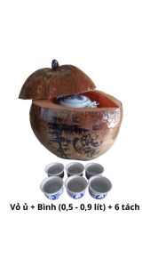 Bình ủ trà trái dừa khắc chữ Phúc Lộc Thọ / Bình trà 04 - 09 lít / Giữ ấm từ 3 - 6 giờ / Sản phẩm sản xuất thủ công / Xưởng sản xuất tại Bến Tre