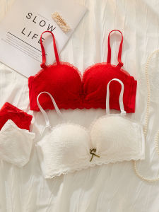 Strapless Intimates Female Push up Small Size Autumn and Winter Thin Wireless Lace Non-Slip Comfortable Red Bra Set