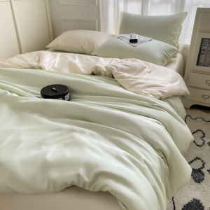 High Grade Gray Green Summer Ice Silk Bed Sheets Four-Piece Set Cool Silky Washed Real Silk Quilt Cover Quilt Sheet Three-Piece Set