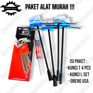 KUNCI T SET HITAM 4PCS UK. 8-10-12-14 MM + KUNCI L KOMBINASI SET 9PCS HDT BONUS OBENG BB