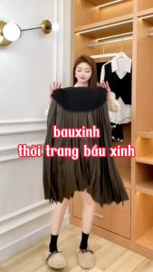 Chân váy bầu dài xếp ly nhỏ vải Chéo Thái có đáp bụng mềm kèm chun chỉnh bụng