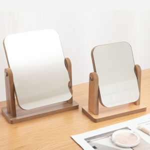 ABS Wooden 360 Degree Rotating Mirror Aesthetic Makeup Wooden Table Face Portable Desktop Adjustable Angle Cermin Meja Solek Pusing