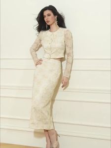 Embroidered Bright White Side-Slit Skirt Set