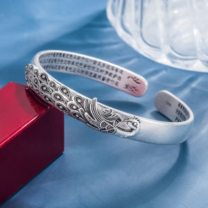 Vintage Ethnic Style Womens Open Bangle Antique Peacock Carved Bracelet Silver Bracelet with Intricate Peacock Design