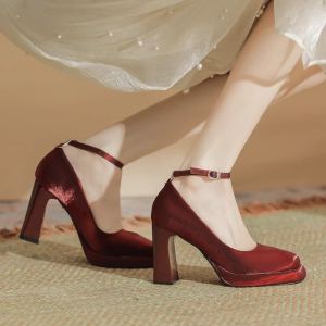 Giày Cao Gót Đế Bằng Chống Thấm Nước Màu Đỏ Rượu Vang Giày Cao Gót Đế Dày Mary Janes Satin Đầu Vuông Giày Cưới Giày Cưới