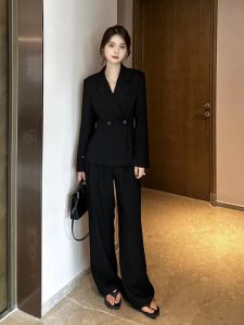 ชุดสูทสีดำ ชุดทำงาน ชุดสองชิ้น กระโปรงทรงเอ แขนยาว ปกสีดำ สำหรับผู้หญิง ฤดูใบไม้ร่วง/ฤดูหนาว ชุดสูทผู้หญิง