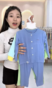 Bộ dài tay cài thẳng BENTY chất vải cao cấp quần đáp đũng 1 mặt sau đồ bộ trẻ em mềm mịn mát