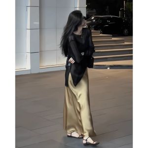 New Summer Fashion Elegance Champagne Gold Satin Loose Midi Skirt