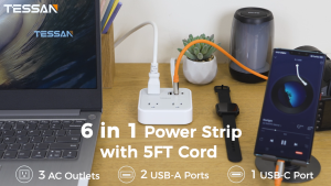 TESSAN 1.5m Extension Cord with Socket Wall Mount Power Strip Surge Protector with 2 Type C & 1 USB Ports & 4AC Outlets 45° Right Angle Ultra Thin Flat Plug Power Strip