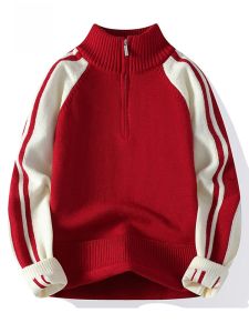 ROMON | Romon Mens Fleece Lined Half Zipper Collared Sweater For Autumn Winter Red Knitted Shirt Lucky Year Youthful Style Comfortable Fit