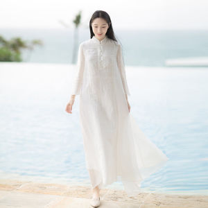 New Chinese Zen Style Womens Cotton Linen Dance Dress Healer Long Sleeve A-Line Skirt Traditional Artistic Therapy Dress