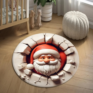 VIKAMA Christmas 3D Illusion Round Rug Santa Claus Visual Effect Non Slip Decorative Floor Mat For Living Room Bedroom Home Deco