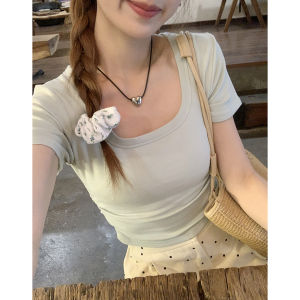 Stylish Short Sleeve T-Shirt Pure Color Pleated Versatile Autumn New Design Sensation Trendy Top for Young Women Cotton Blend