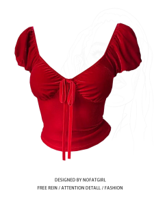 เสื้อยืดแขนสั้นผู้หญิงไซส์ใหญ่สีแดงผูกโบว์คอวีทรงสลิมฟิตสำหรับฤดูร้อน เสื้อเชิ้ตแขนสั้นสำหรับผู้หญิงไซส์ใหญ่