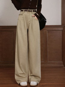 Quần Jeans Đùi Cao Phong Cách Retro Ống Đứng Màu Khaki