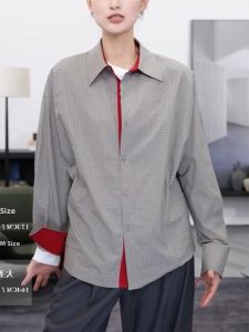 QINGNAER | Vintage Stylish High-end Plus Size Shirt with Color Blocking and Fine Check Collar Female Autumn Trend