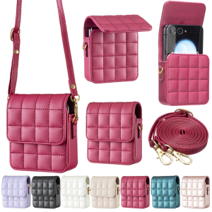 For Samsung Galaxy Z Flip 7 6 5 4 3 5G Case Women Fashion Small Zipper Wallet PU Leather With Strap Plaid Purses Card Pack Soft Cover