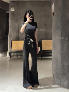 Slimming High Waist Floor-Length Casual Pants Womens Set Original Model Summer 2025 Fashion Ensemble Long Pants Short Sleeve round Neck