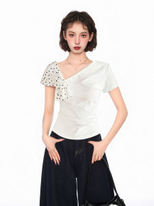 Áo Thun Tay Ngắn Ôm Vừa Vặn Mùa Hè Cho Nữ Họa Tiết Chấm Bi Màu Trắng Không Đều Vai Một Bên Không Đều Không Đều Vai