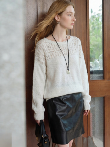 Lace Beaded Soft Relaxed Fit Round Neck Sweater