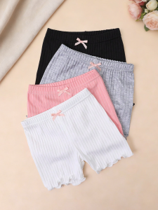 4Pcs Kids Girls Ribbed Safety Shorts Soft Bow Ruffle Anti-peep Bottoming Pants High Elastic Breathable Summer Children Underwear
