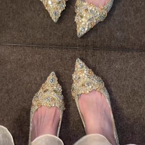 French Style Wedding Dress High Heels Women Low Heel Pregnant Crystal Shoes Gold Wedding Shoes New Model 2024 Elegant Fashion