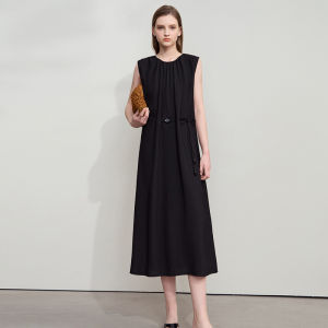 AMII | Casual Loose Summer Dress Round Neck Sleeveless with Beads and Belt Rope Linen