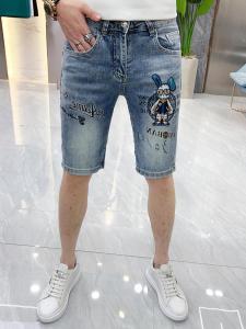 Summer Mens Blue Denim Short Pants Slim Fit Rabbit Embroidery Print Casual Thin Cotton Elastic Jeans mid Waist Five-Quarter Length