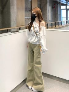 Quần Jeans Công Sở Cạp Cao Rộng Rộng Màu Kaki Cổ Điển Cho Nữ Quần Dài Đến Sàn Kiểu Dáng Thẳng Có Túi Quần Dài Thường Ngày