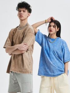 Heavyweight Washed T-Shirt American Oversize Vintage Style Short Sleeve Mens Fashion High Street Summer Digital Print Polyester Fiber