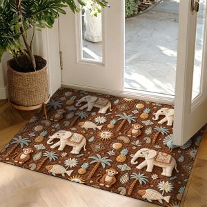 VIKAMA Bohemian Black Elephant Floral Doormat Tropical Leaf Non Slip Absorbent Floor Mat Front Door Entryway Home Decor