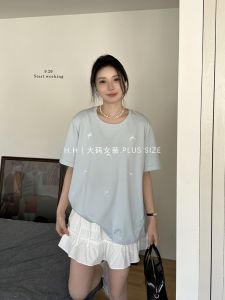Loose Fit round Neck Short Sleeve T-Shirt with Butterfly Knot Pure Color Summer New Arrival Womens plus Size Top To-HH