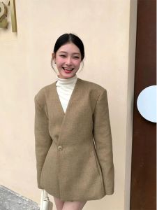Loose Womens Woolen Coat V-neck Mid-length Autumn Winter Fashion New Chinese Style Middletown Big Coat for Young Women