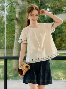 INMAN | French Heavy Embroidery Womens Cotton Short Sleeve Shirt