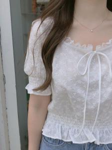 NUANKONG | Chic Bow-Tie Lace Blouse Flowered Square Neck Short Top