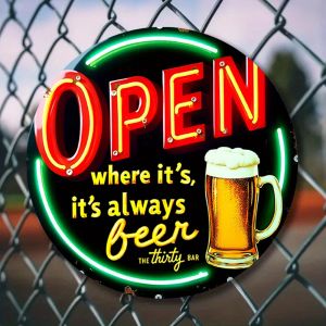 CIFbuy | 2D Vintage Metal Sign "OPEN WHERE ItS ALWAYS BEER" Neon Wall Art Round 7.8 Inch with Beer Glass Graphic UV Printed Rustproof