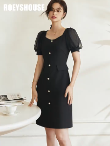 Đầm Đen Tay Voan Phối Nút Bọc Sang Trọng & Yêu Kiều