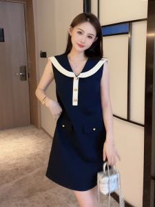 Korean Style Navy Collar Sleeveless Mini Dress Elegant Personality Summer New Light Luxury High End Feeling Ladylike Skirt