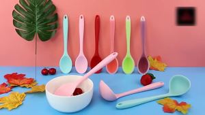 2pc Food Grade Silicone Long-Handled Soup Spoon Tableware Solid Color Spoon Kitchen Silicone Spoon Flatware Utensils Accessories