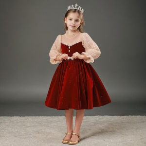 ชุดราตรีผ้ากำมะหยี่สีแดงหรูหราสำหรับเด็กผู้หญิง เสื้อผ้าเด็กผู้หญิง ชุดเจ้าหญิง ชุดดนตรีปิโคนาฬิกา ชุดเลี้ยงลูกวันเกิด ชุดยาว แขนยาว