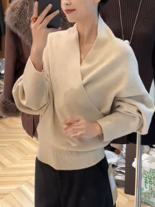 QINGNAER | Luxury Large Size Womens Sweater 2025 Autumn Winter Cross V-Neck Slim Long Sleeve