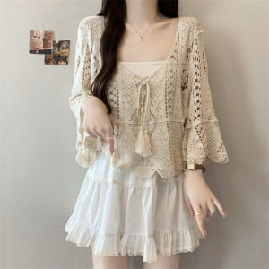 Yingqinyue | Sleeve Seven Collar V Sun Protection Knitted Blouse Short Sleeve Holiday Style