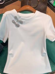 White round Neck Diamond Embellished Short Sleeve Womens T-shirt Slim Fit Fashionable Design Top for Summer 2023
