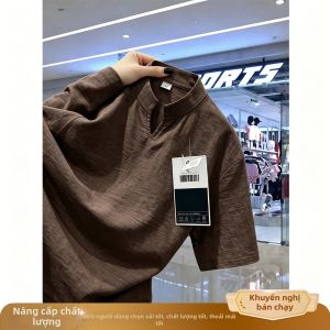 ZHUOCAN | Áo Thun cổ V chất liệu Linen thoáng khí phong cách Vintage màu Khaki